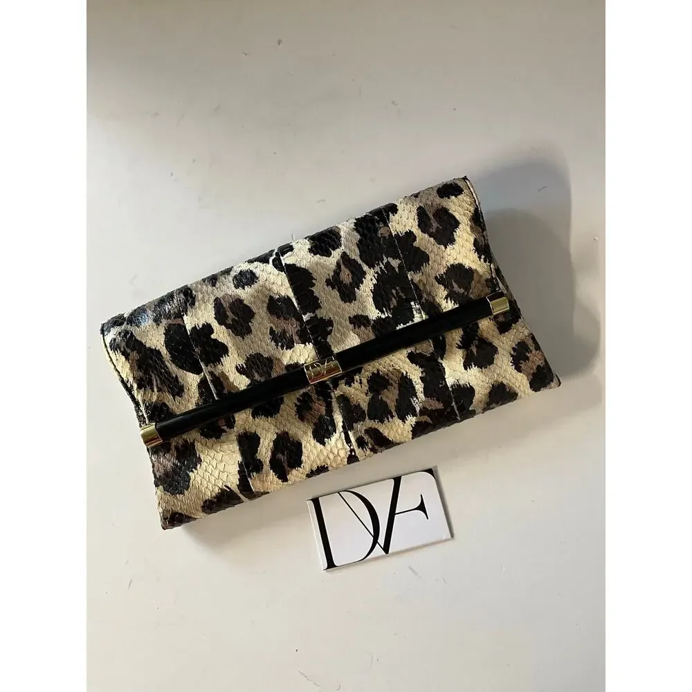 Diane von Furstenberg DVF Leopard Print Snakeskin Envelope Clutch